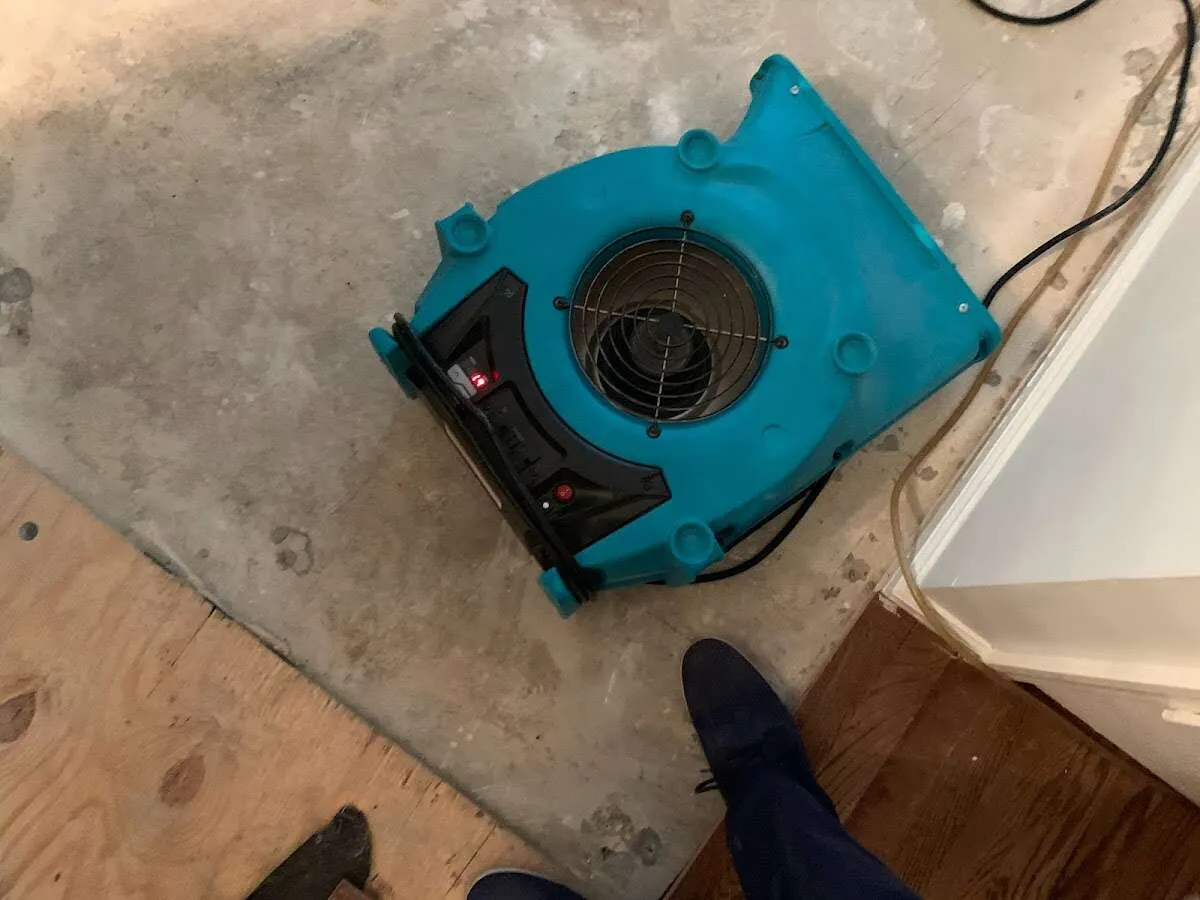 Air mover drying subfloor during Leak Detection & Repair in Princeton